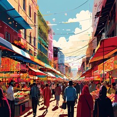 Busy market street with colorful stalls and diverse crowd