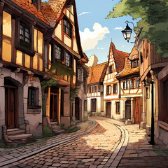 Obraz premium Quaint street in an old town with cobblestone roads and historical buildings
