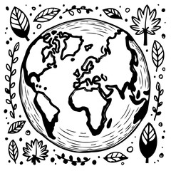 Hand-drawn planet earth illustration surrounded by leaves and nature elements