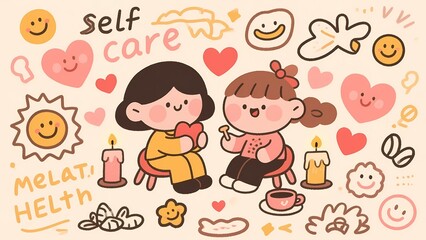 Cute SelfCare Illustration with Characters and Symbols.