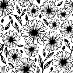 Elegant floral pattern with delicate daisies and leaves in black and white