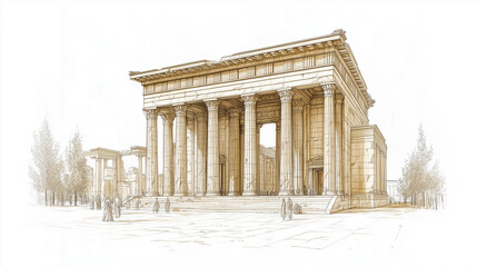 Obraz premium Ancient Greek gods and their temples, featuring detailed architectural elements and divine figures. Hand draw sketch illustration isolated on white background