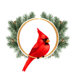 Festive Red Cardinal with Pine Wreath Illustration