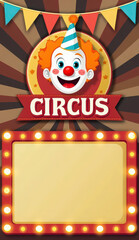 A vibrant vintage circus poster featuring a cheerful clown with curly orange hair, rosy cheeks, and a striped party hat, placed at the top-center of the composition