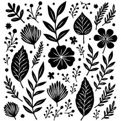 Elegant black and white botanical illustration of various floral elements isolated