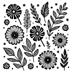 Elegant botanical black and white illustration with floral and leaf elements
