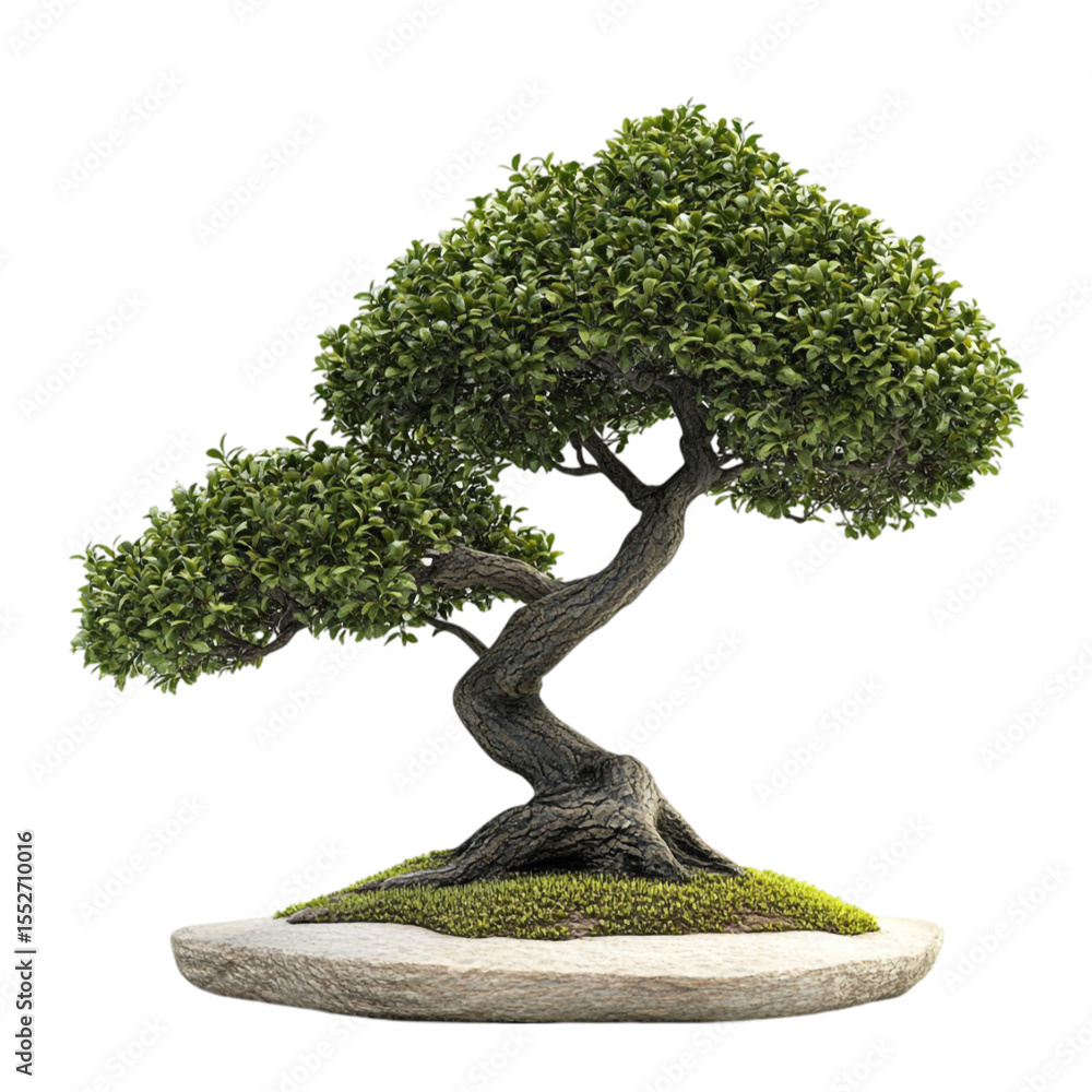 Poster lush green bonsai tree displayed on a stone base against a vibrant multicolored background