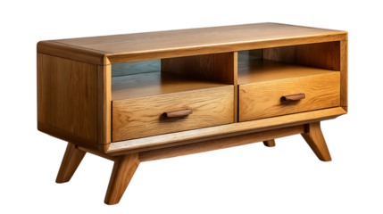 Mid century modern oak media console with two drawers and open shelving isolated on transparent background