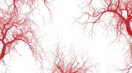 Red, branching patterns resembling tree roots or veins against a white background.  Intricate network of thin lines