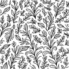 Elegant botanical pattern with hand-drawn leaves and branches, versatile black and white design