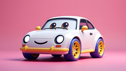 Adorable White Cartoon Car with Big Eyes and a Smile