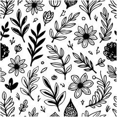 Monochrome botanical pattern featuring flowers and foliage for versatile design
