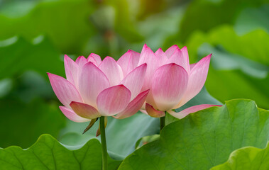 lotus flower blooming in summer pond with green leaves as background