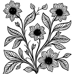 Elegant floral arrangement featuring stylized blossoms and leaves in black and white