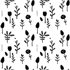 Monochrome botanical pattern with flowers, leaves, and branches illustration