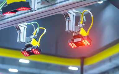 transducer on industrial machine robot in assembly line with robotic vision sensor camera system in intellegence factory