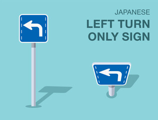 Traffic regulation rules. Isolated japanese "left turn only" road sign. Front and top view. Flat vector illustration template.