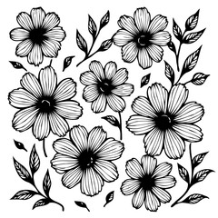 Elegant floral sketch featuring delicate hand-drawn flowers and leaves on white background