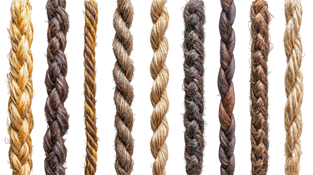 Varied textured ropes, natural fibers, vertical arrangement