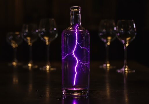 A glass bottle filled with liquid displays a purple lightning bolt inside, surrounded by wine glasses