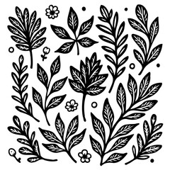Elegant botanical illustration featuring a variety of black and white floral elements