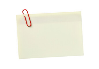 A blank sticky note with a red paperclip, isolated on transparent background