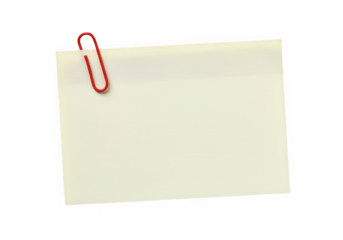 A blank sticky note with a red paperclip, isolated on transparent background