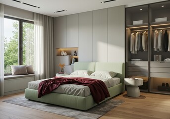 Modern minimalist bedroom with green bed and built in wardrobe