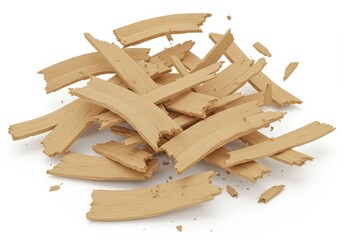 Broken wood pieces scattered in a pile isolated on white background