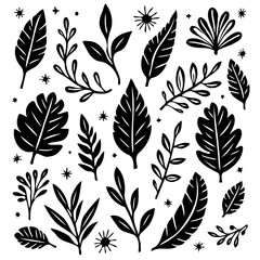 Monochrome botanical illustration with assorted leaves and twigs on white background