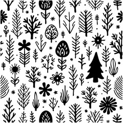 Seamless pattern of hand-drawn trees and flowers, folk style art, decorative background