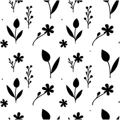 Elegant black and white floral pattern with tulips and daisies, perfect for backgrounds