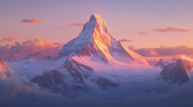 Majestic mountain peak bathed in golden sunset hues, with clouds swirling around it - Powered by Adobe