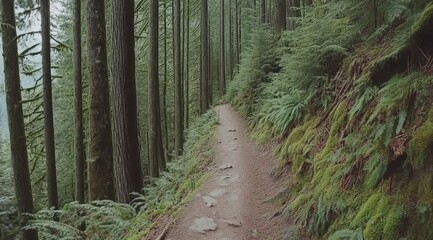 Hiking trail through a lush, misty forest
