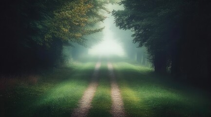 Misty forest path, ethereal glow