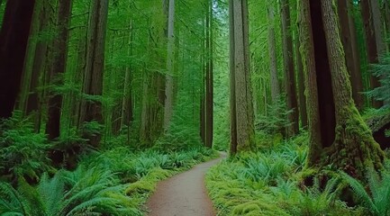 Lush forest path winds through towering trees