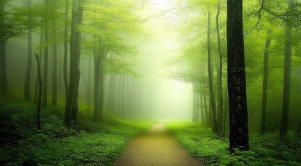 Misty forest path, vibrant greens, soft light