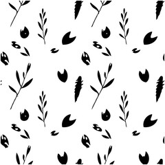 Monochrome botanical pattern design featuring plants and animal tracks illustration