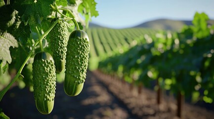 Close-up of cucumbers on vines in a vineyard