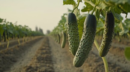 Close-up of cucumbers hanging on vines in a field