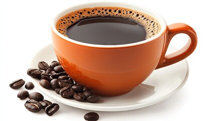 Fototapeta premium Orange coffee cup filled with dark brew, coffee beans scattered