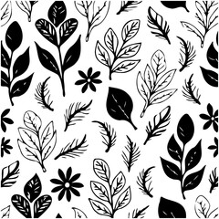 Black and white seamless pattern of leaves and flowers for diverse backgrounds
