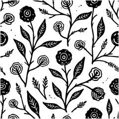 Elegant black and white floral linocut pattern for textile and background design