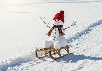 Happy snowman sliding on sled in snowy winter landscape