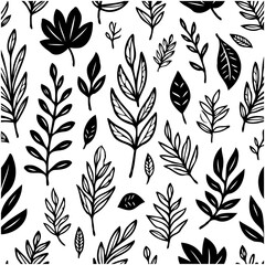 Seamless botanical pattern featuring various leaf shapes in black and white monochrome
