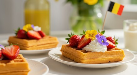 Belgian waffles with strawberry and whipped cream on plate. Delicious sweet dessert with Belgian flag. European food culture concept. Celebration of National Waffle Day and Belgium's National Day.	

