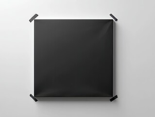 A square, black canvas is taped to a white wall, exhibiting slight wrinkles and a matte texture. The image is clean and minimalist