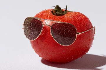 Tomato wearing sunglasses on a solid color background , Generative AI