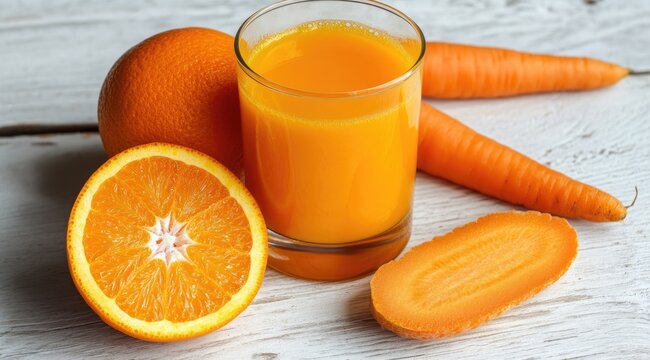 Orange and carrot juice on a white wooden table