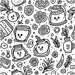 Whimsical doodle pattern featuring cute beverage containers and plant life elements